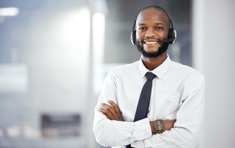 Customer,Support,Portrait,,Happy,And,Black,Man,Consulting,On,Telemarketing,